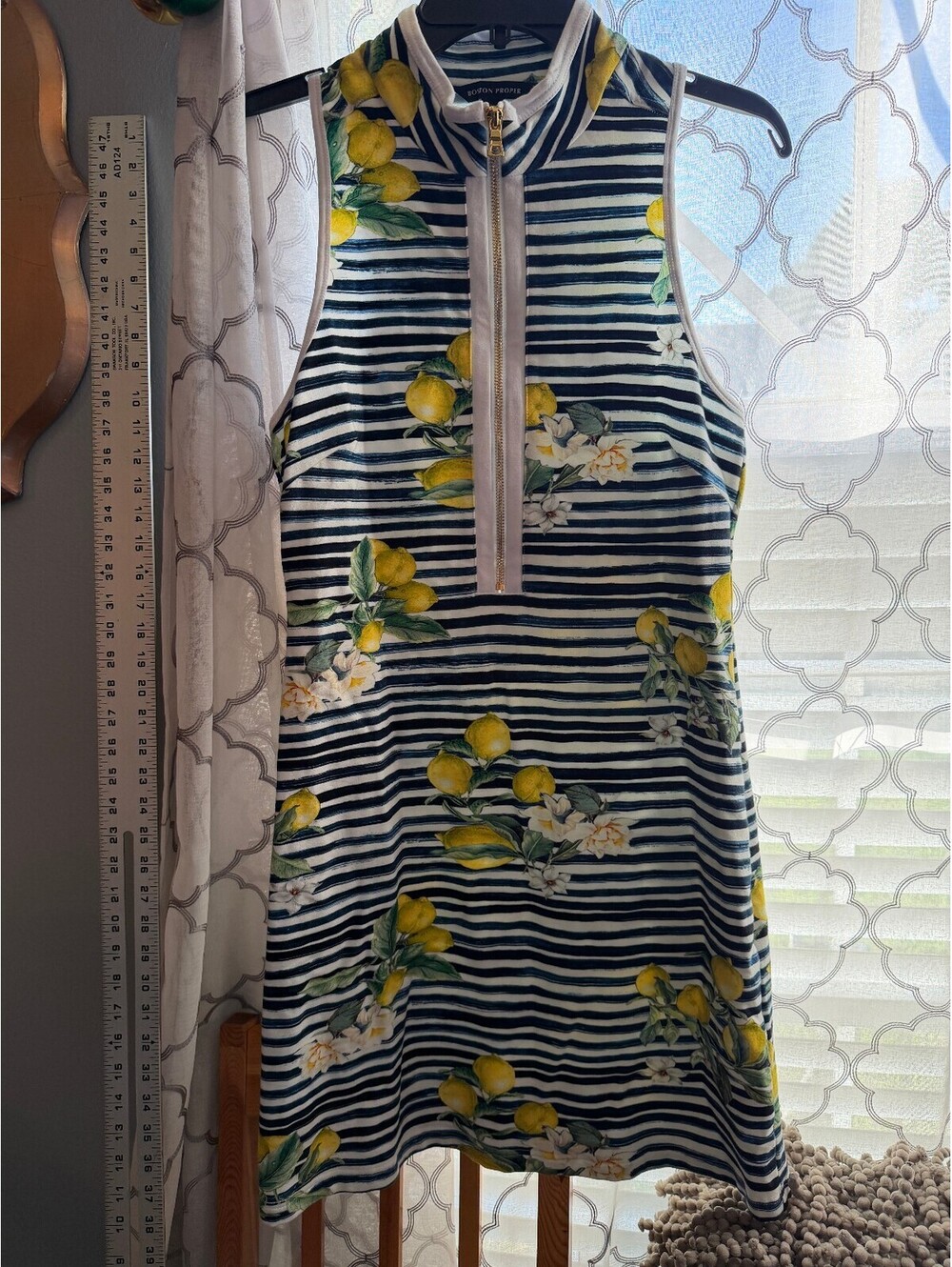 Boston Proper Sleeveless Striped Dress with Lemon Floral Print, Size M